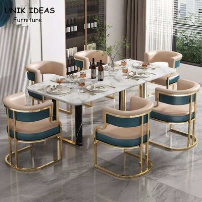 Luxury Style Metal Leather Dining Table And Chairs Iron Gilded Legs Leather Seat OEM