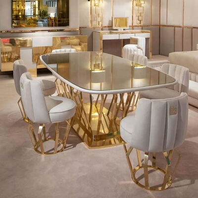 Room Furniture Apartment Luxury Dining Sets Golden Stainless Steel Glass