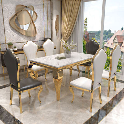 White Marble Dining Table And Chairs Set Stainless Steel Rectangle