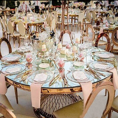 72" 6 Foot Portable Round Folding Banquet Table Fancy Elegant Gold Steel Glass Top