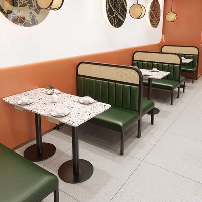 Durable Rattan Restaurant Dining Table Set Marble Top PU Leather