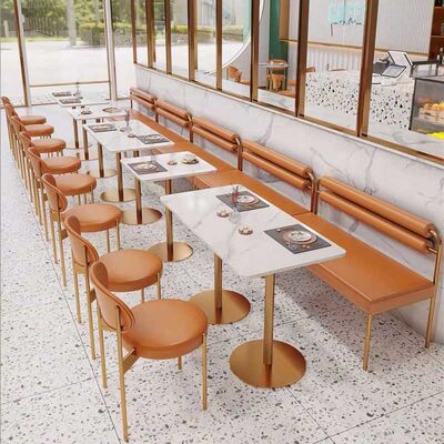 Gold Frame Restaurant Dining Room Furniture Leather Marble Table And Chairs