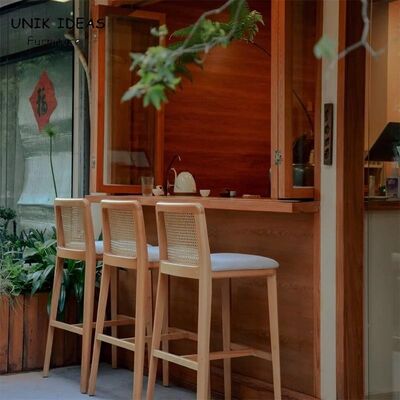 良い値段 Nordic Modern Coffee Shop Front Counter High bar Stool Garden Courtyard Creative Solid Wood Hand Made Rattan bar Chair オンライン
